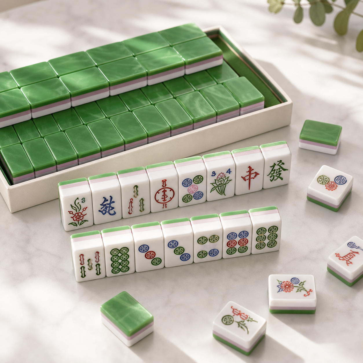 Green Mahjong set styled for a product photoshoot